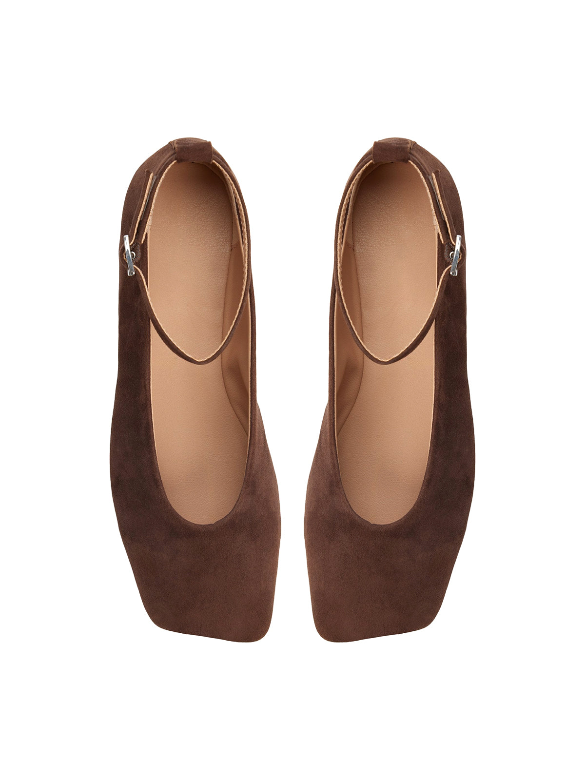 Dark Brown Faux Suede Square-Toe Ankle Strap Ballet Flats