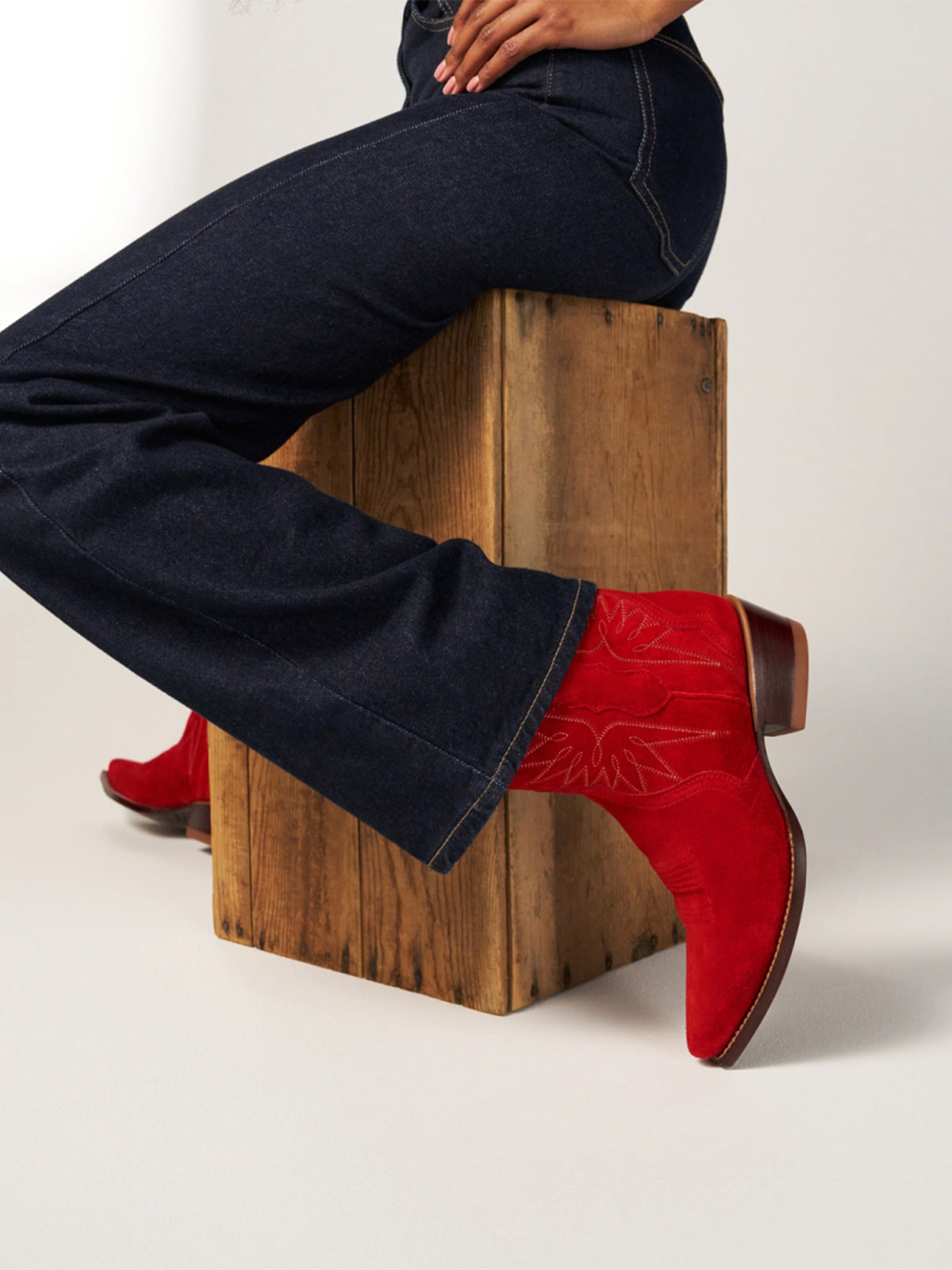 Red Faux Suede Snip-Toe Embroidery Ankle Booties