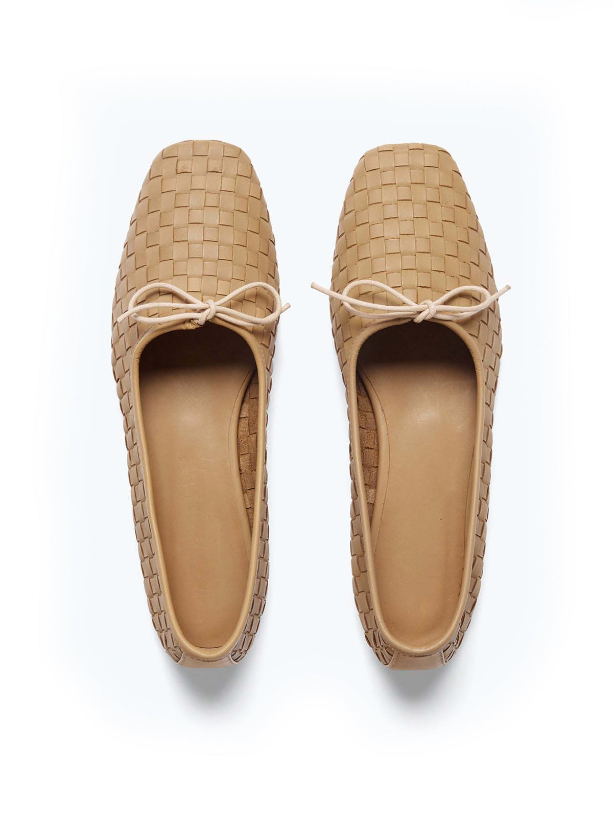 Vegan Leather Woven Square-Toe Bow Ballet Flats - Brown