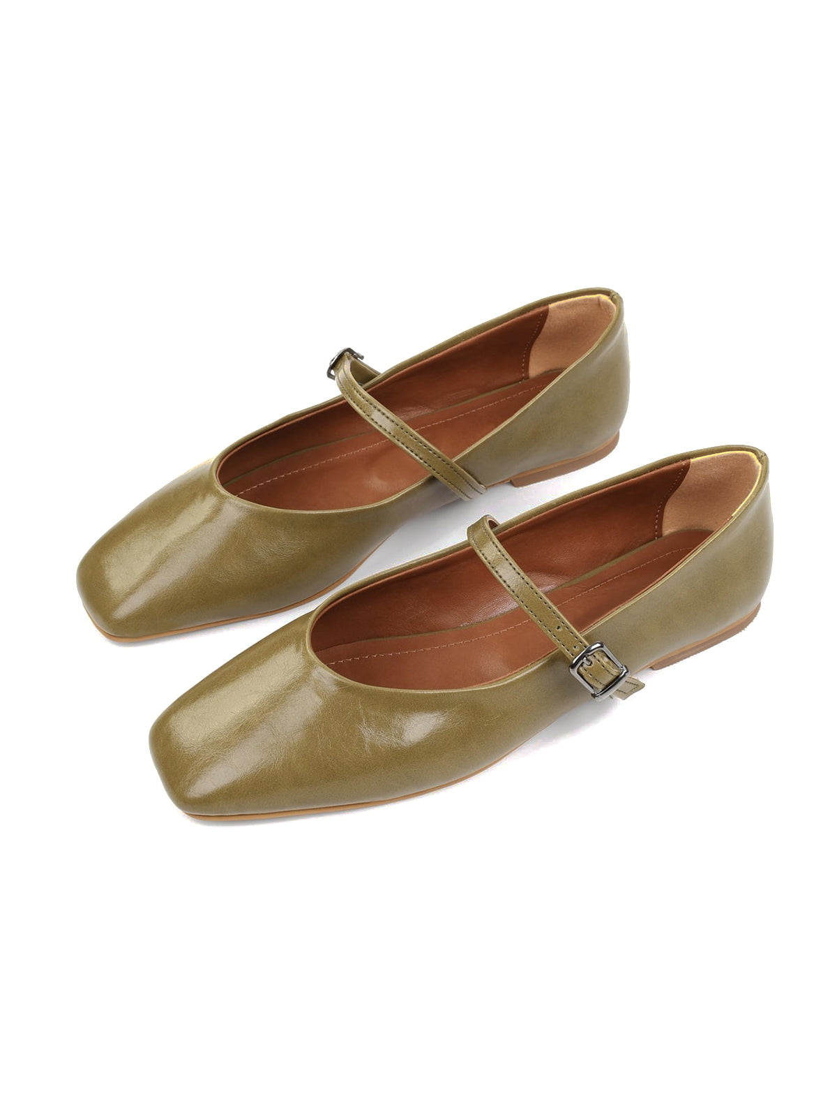 Olive Green Square-Toe Buckle Bridge Strap Stylish Ballet Flats