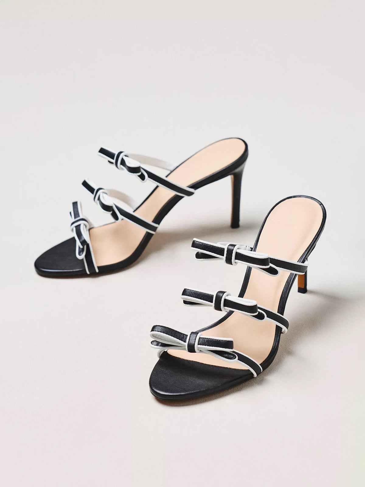 Black Peep Round-Toe Triple-Bow Backless High Heels