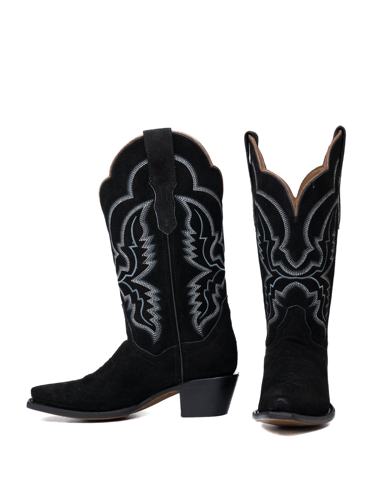 Western Snip-Toe Embroidery Mid Calf Cowgirl Boots - Black Faux Suede