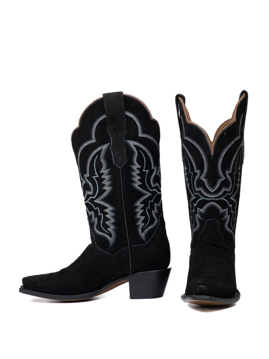 Western Snip-Toe Embroidery Mid Calf Cowgirl Boots - Black Faux Suede