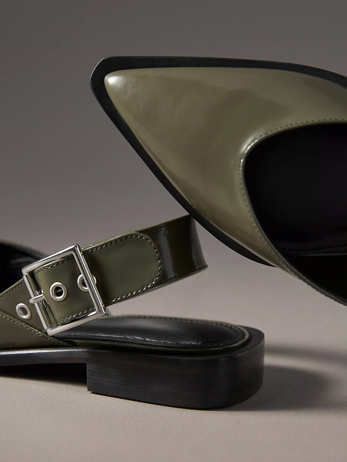 Olive Green Pointed-Toe Buckle Slingback Flats