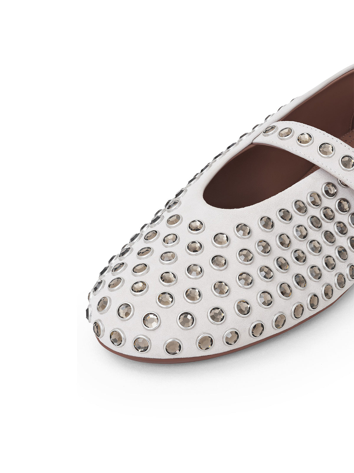 White Round-Toe Mary Jane Ballet Flats With Rhinestone