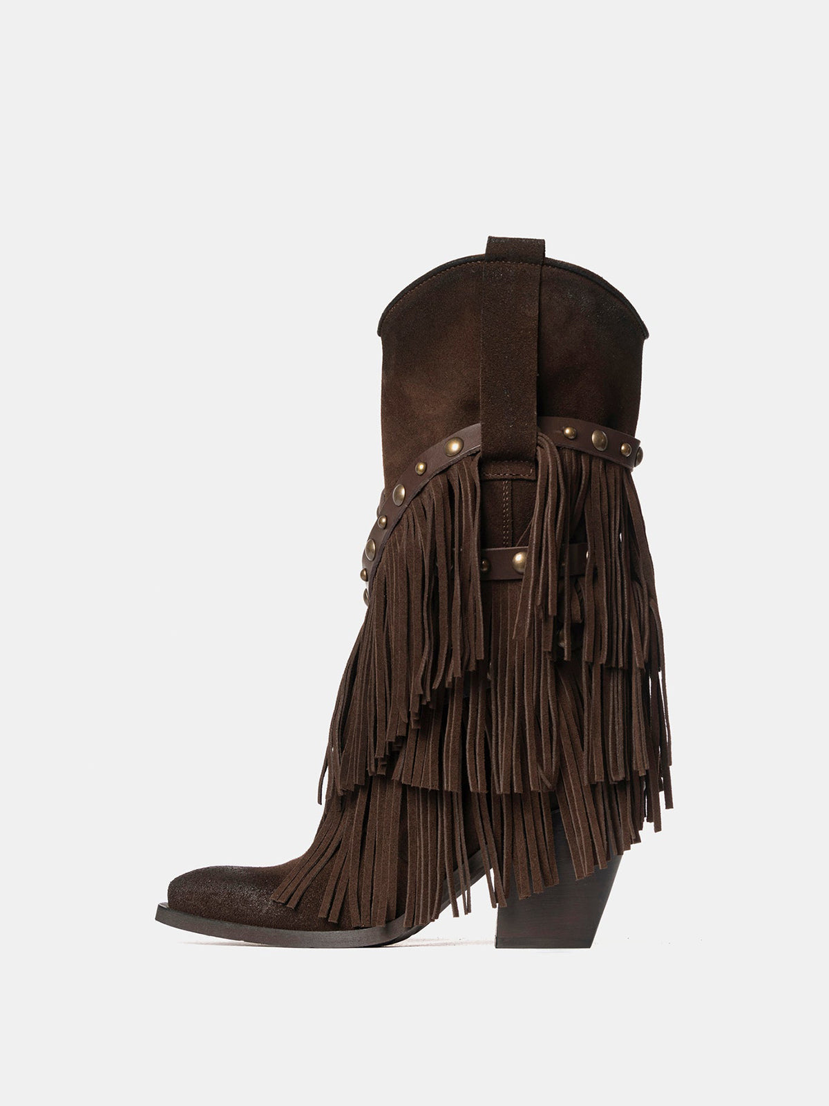 Dark Brown Faux Suede Snip-Toe Studded Straps Fringe Mid Calf Cowgirl Boots