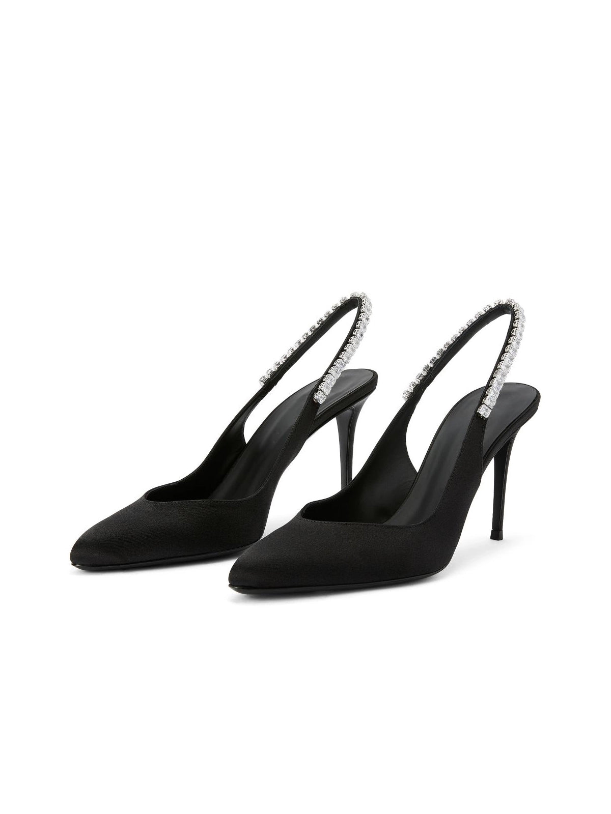 Black Satin Pointed-Toe Slingback With Rhinestones High Heels Pumps
