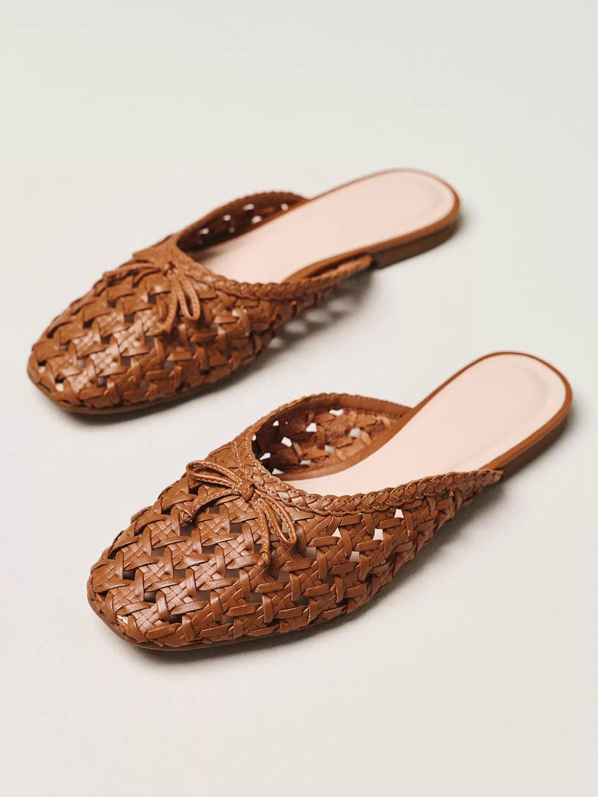 Tan Woven Vegan Leather Square-Toe Front Bow Mules Flats