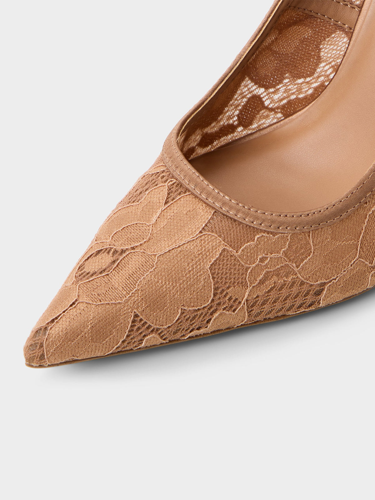 Brown Lace Mesh And Satin Pointed-Toe Slip-On Pumps High Heels