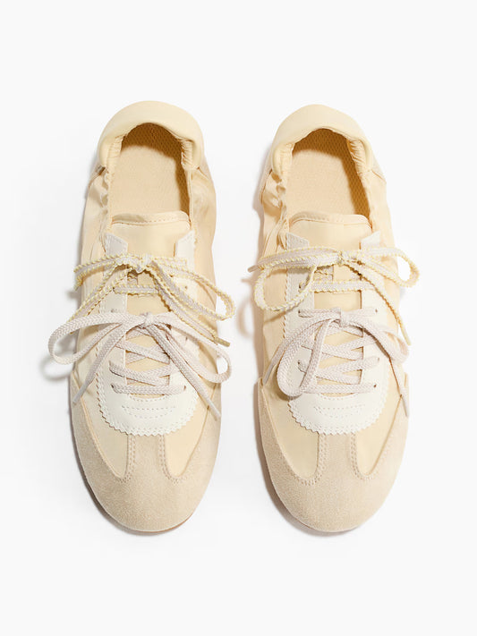 Light Yellow Round-Toe Front Lace-Up Flats Sneakers