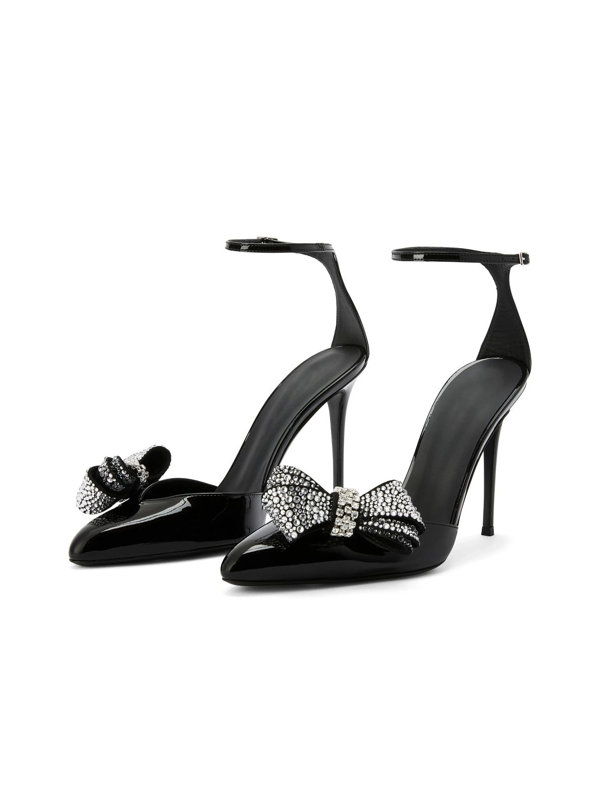 Patent Black Pointed-Toe Front Rhinestones Bow Ankle Strap High Heels