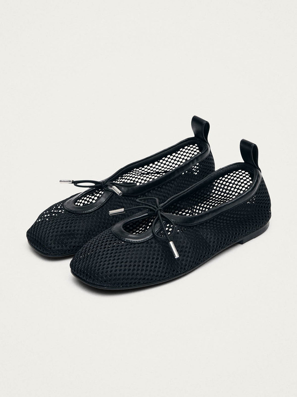 Black Mesh And Vegan Leather Square-Toe Middle Bow Ballet Flats