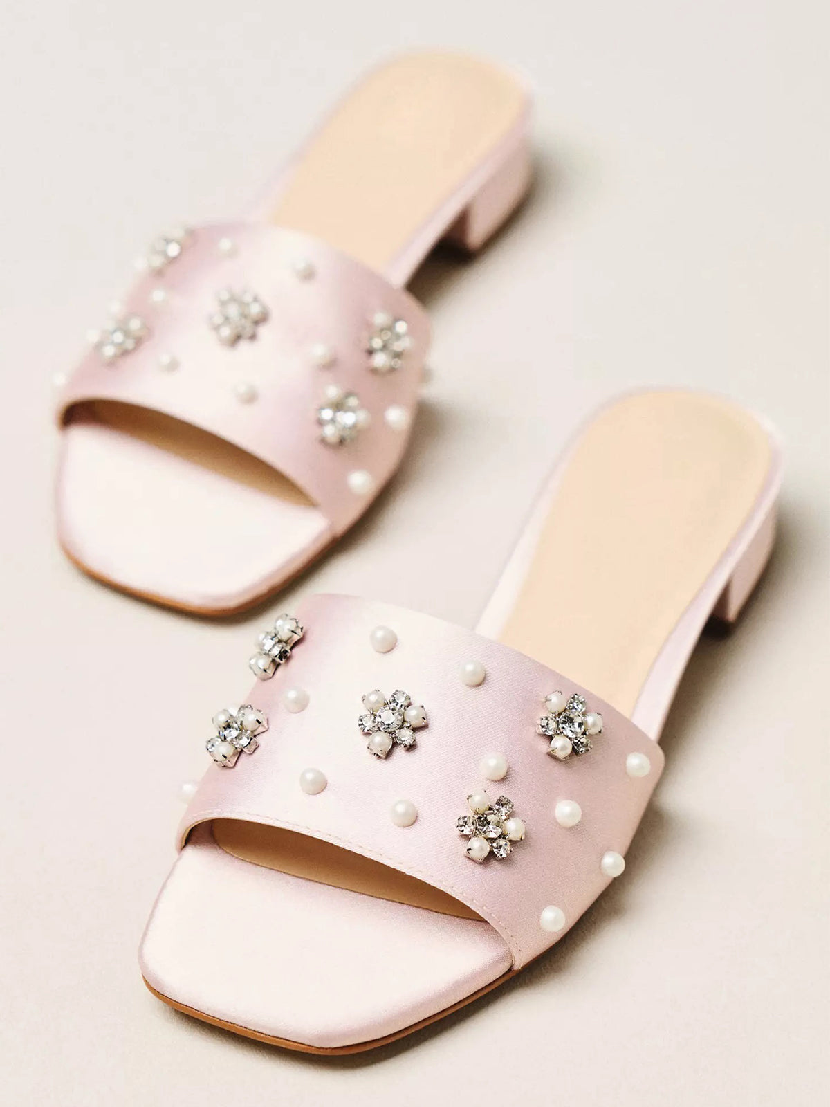 Pink Satin Square-Toe Pearl And Rhinestones Flower Applique Slide Sandals Flats