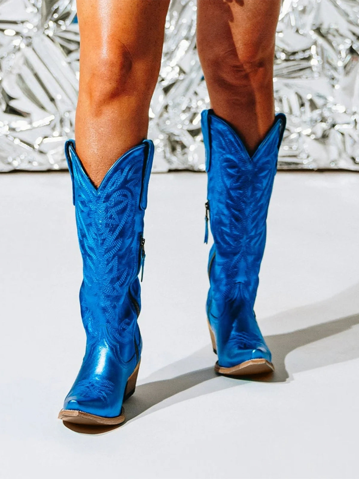 Western Snip-Toe Embroidery Classic Knee High Half-Zip Cowgirl Boots - Metallic Blue