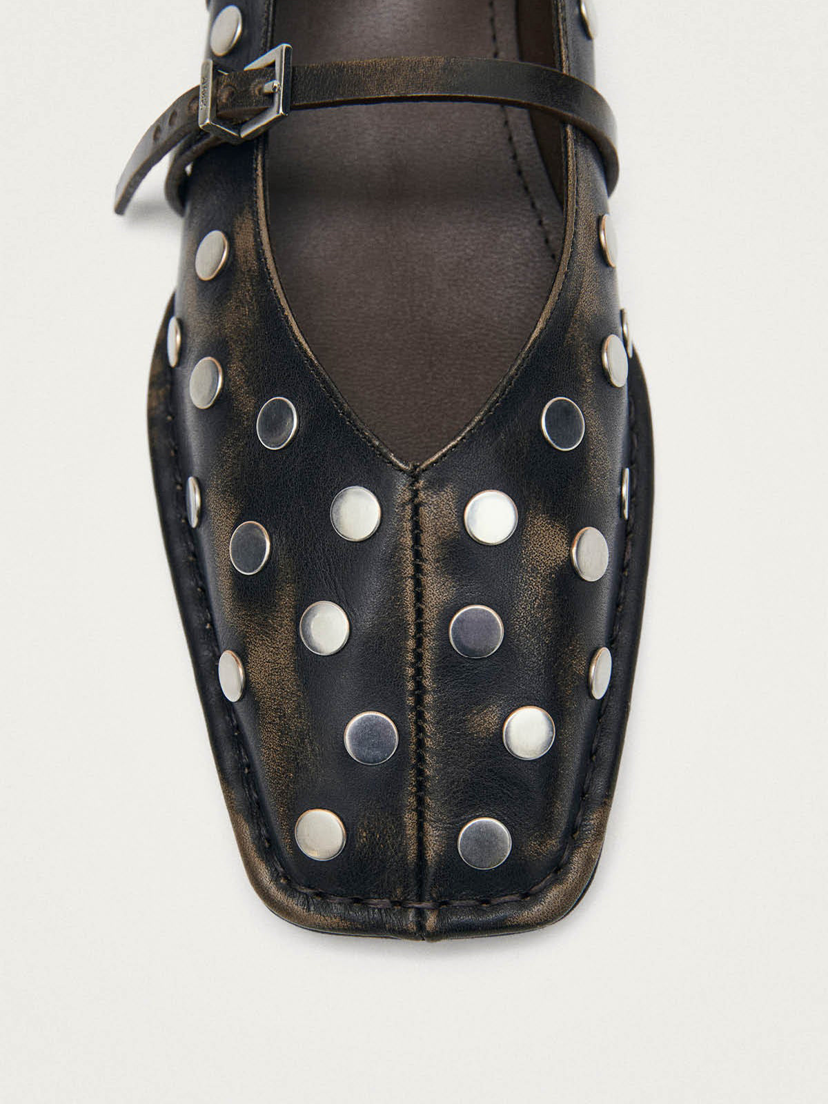 Dark Brown Square-Toe Middle Strap Simple Studs Ballet Flats
