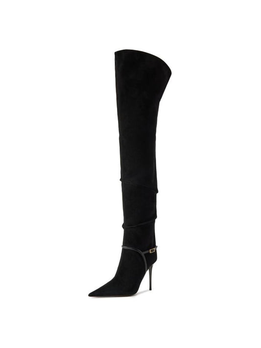 Black Faux Suede Pointed-Toe Buckle Strap Over-The-Knee Stiletto Boots