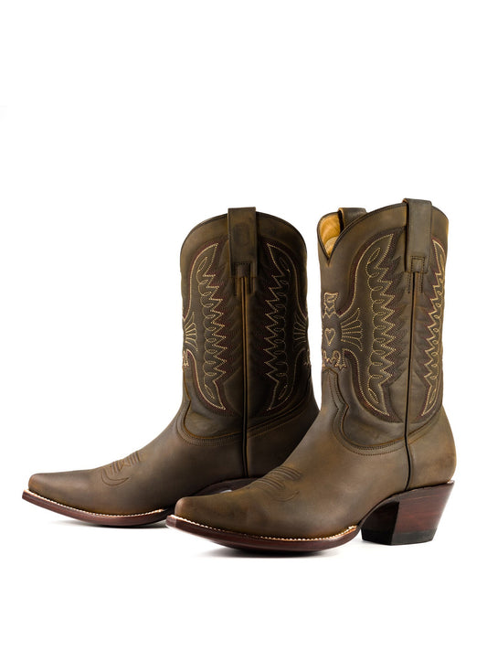 Brown Snip-Toe Classic Eagle Embroidery Mid Calf Cowgirl Boots