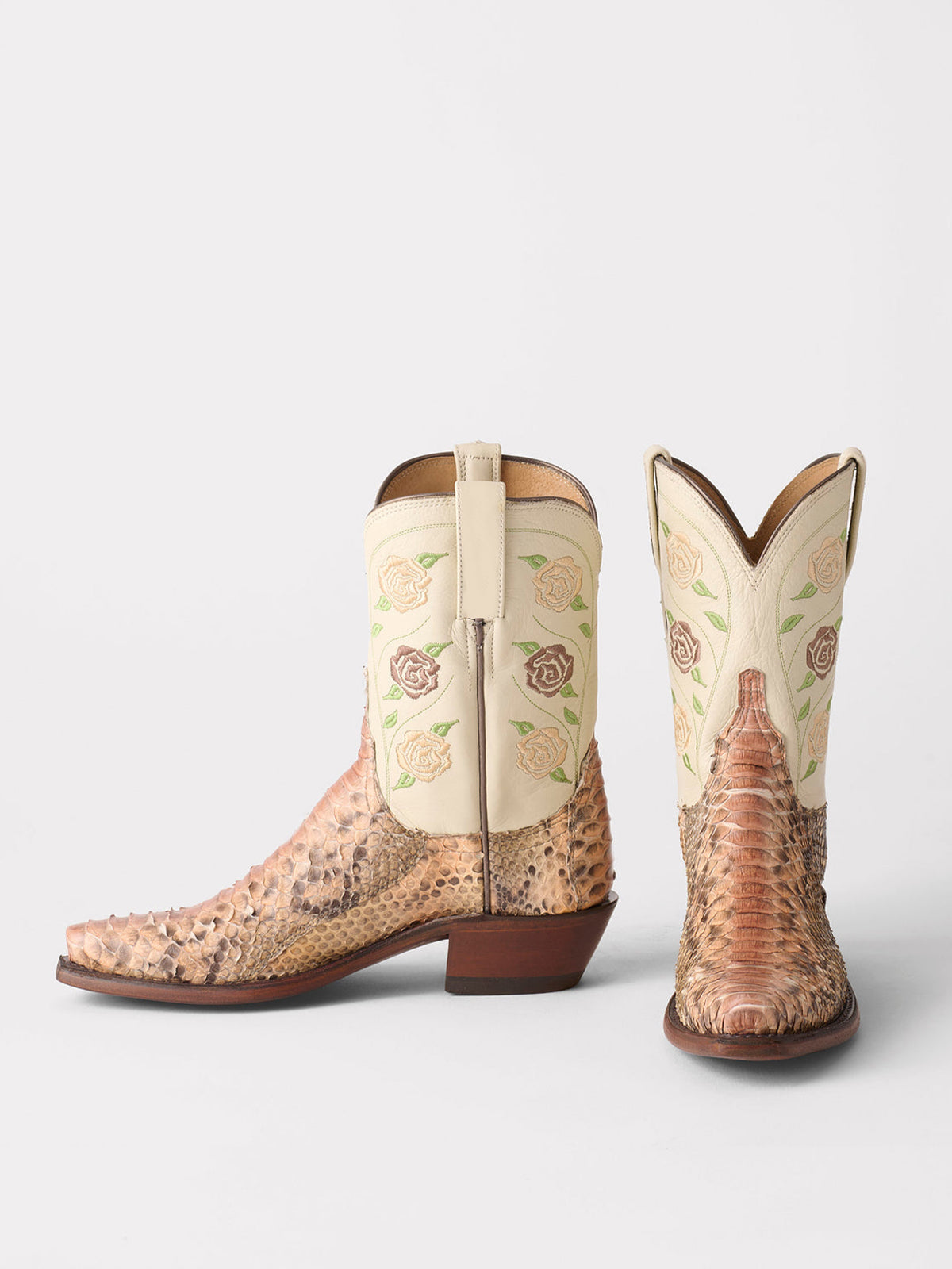 Contrast Tan And Snakeskin Snip-Toe Rose Embroidery Mid Calf Cowgirl Boots