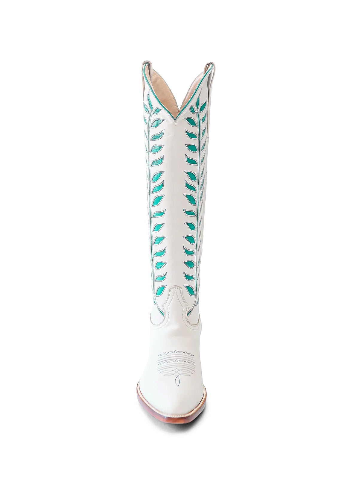 Almond-Toe Turquoise Leaves Inlay Wide Calf Tall Knee High Cowgirl Boots - White