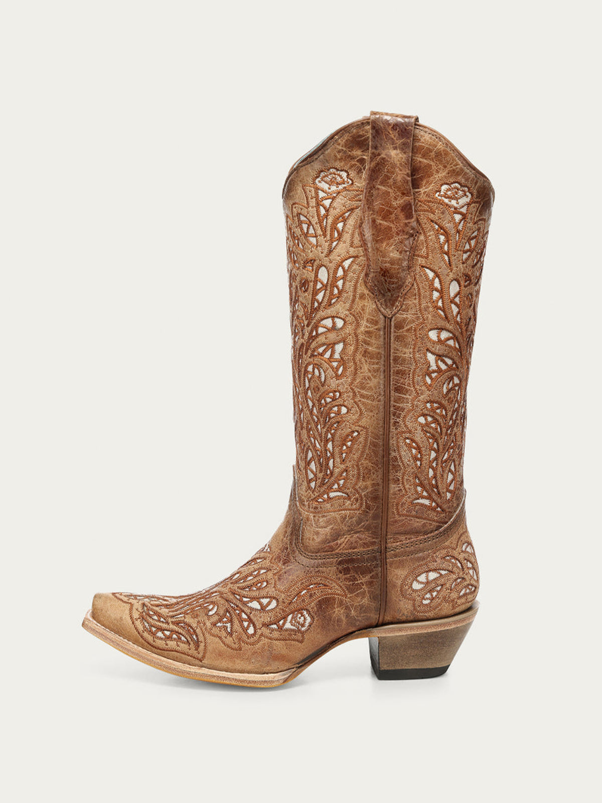 Distressed Brown Snip-Toe Glitter Inlay And Embroidery Mid Calf Cowgirl Boots