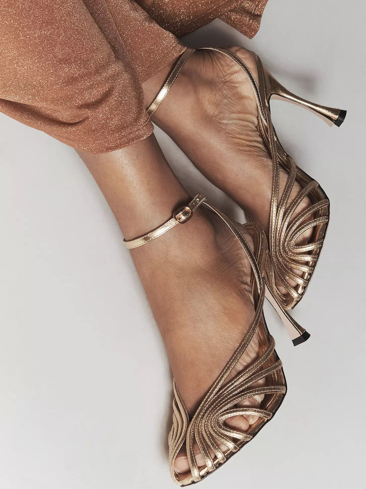 Metallic Gold Peep Pointed-Toe Slingback And Buckle Ankle Strap High Heels