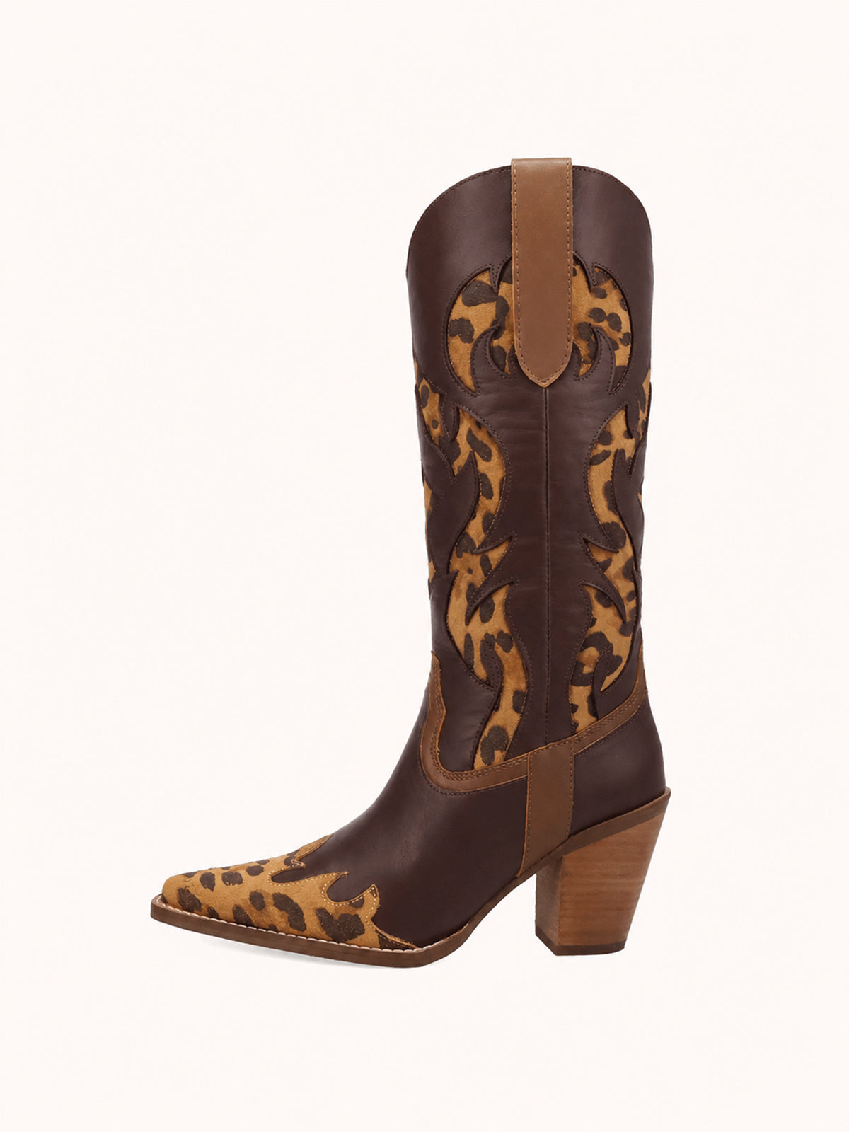Contrast Coffee And Leopard Pattern Snip-Toe Mid Calf Cowgirl Boots