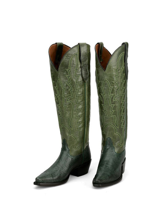 Green Lizard Print Snip-Toe Western Stitch Knee High Cowgirl Boots