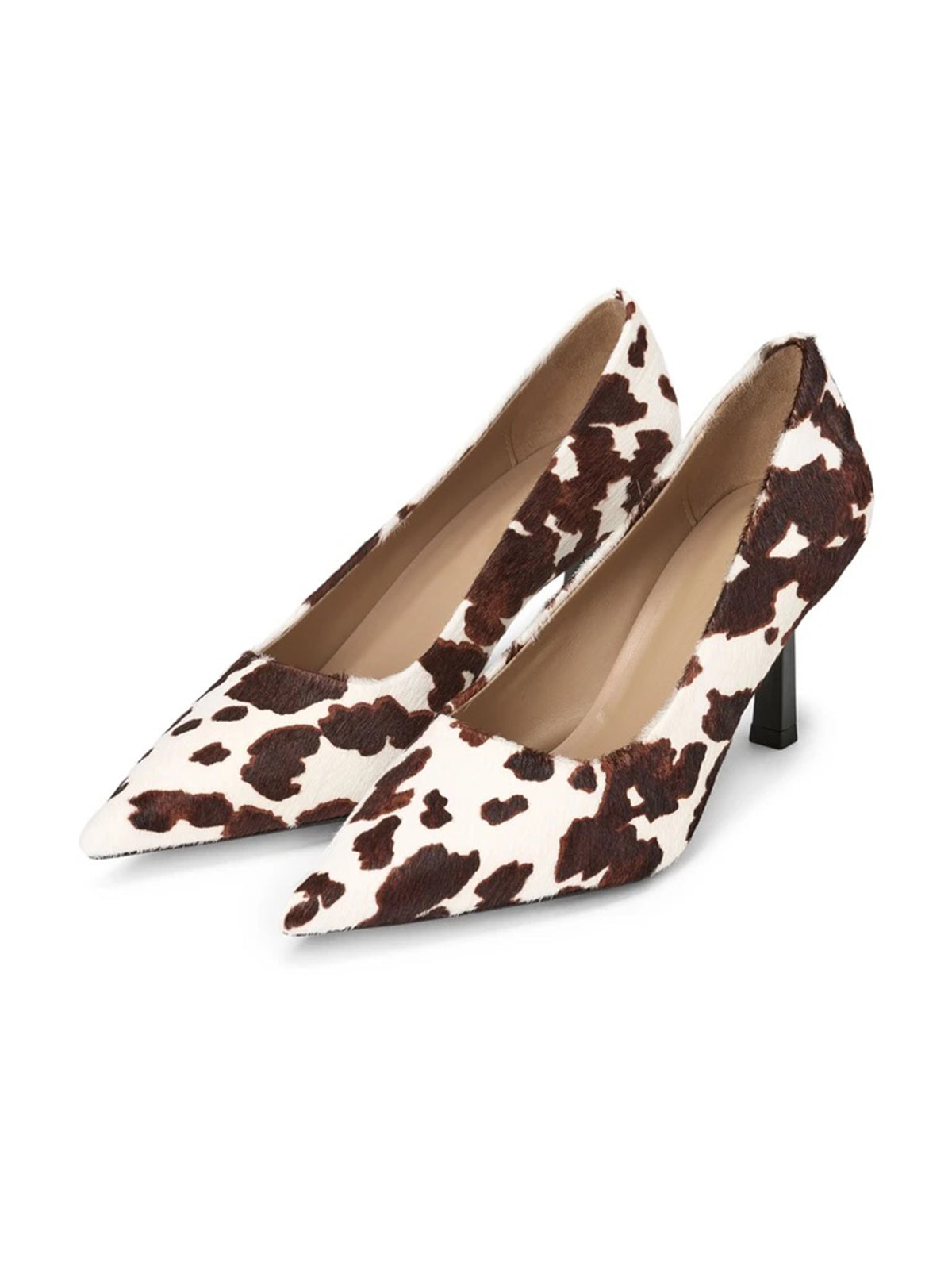 Cow Print Pony Hair Vegan Leather Pointed-Toe Slip-On Chic Kitten Heels
