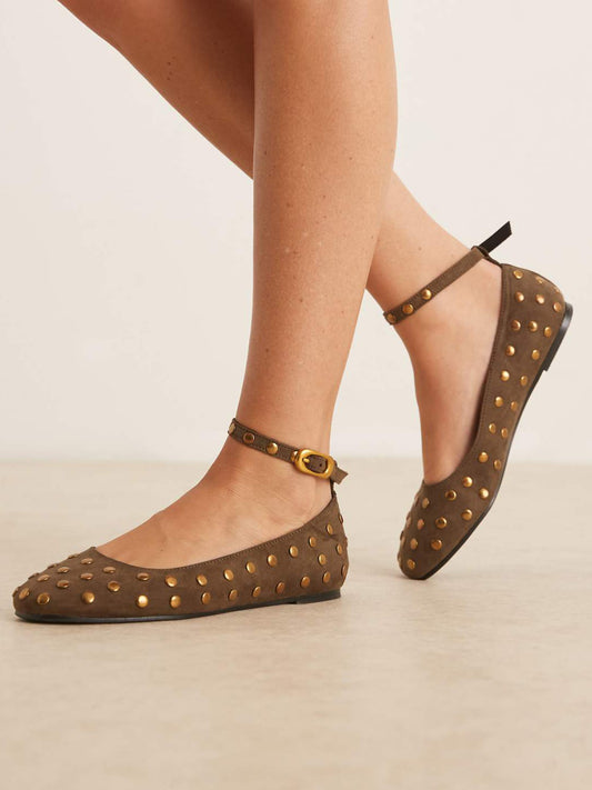 Olive Green Faux Suede Square-Toe Full Studs Ankle Strap Flats