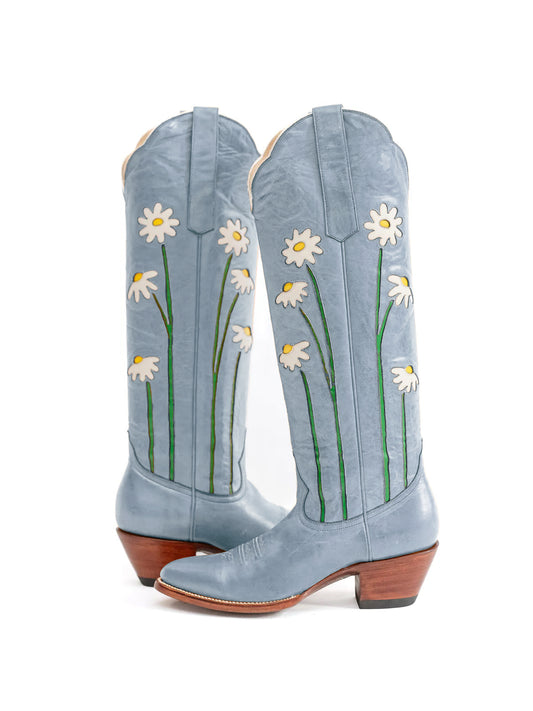 Gray Almond-Toe Wide Calf Western Boots Knee High Tall Boots With Floral Inlay