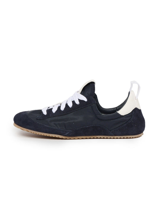 Cow Suede And Satin Round-Toe Lace-Up Chic Sneakers - Navy