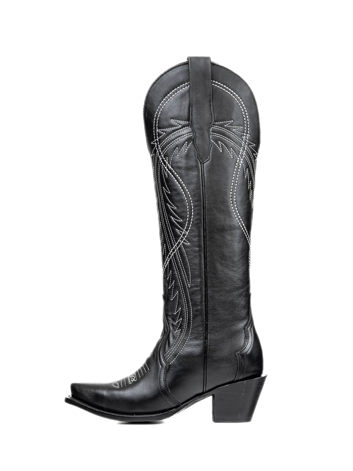Black Snip-Toe Half-Zip Embroidery Knee High Tall Cowgirl Boots