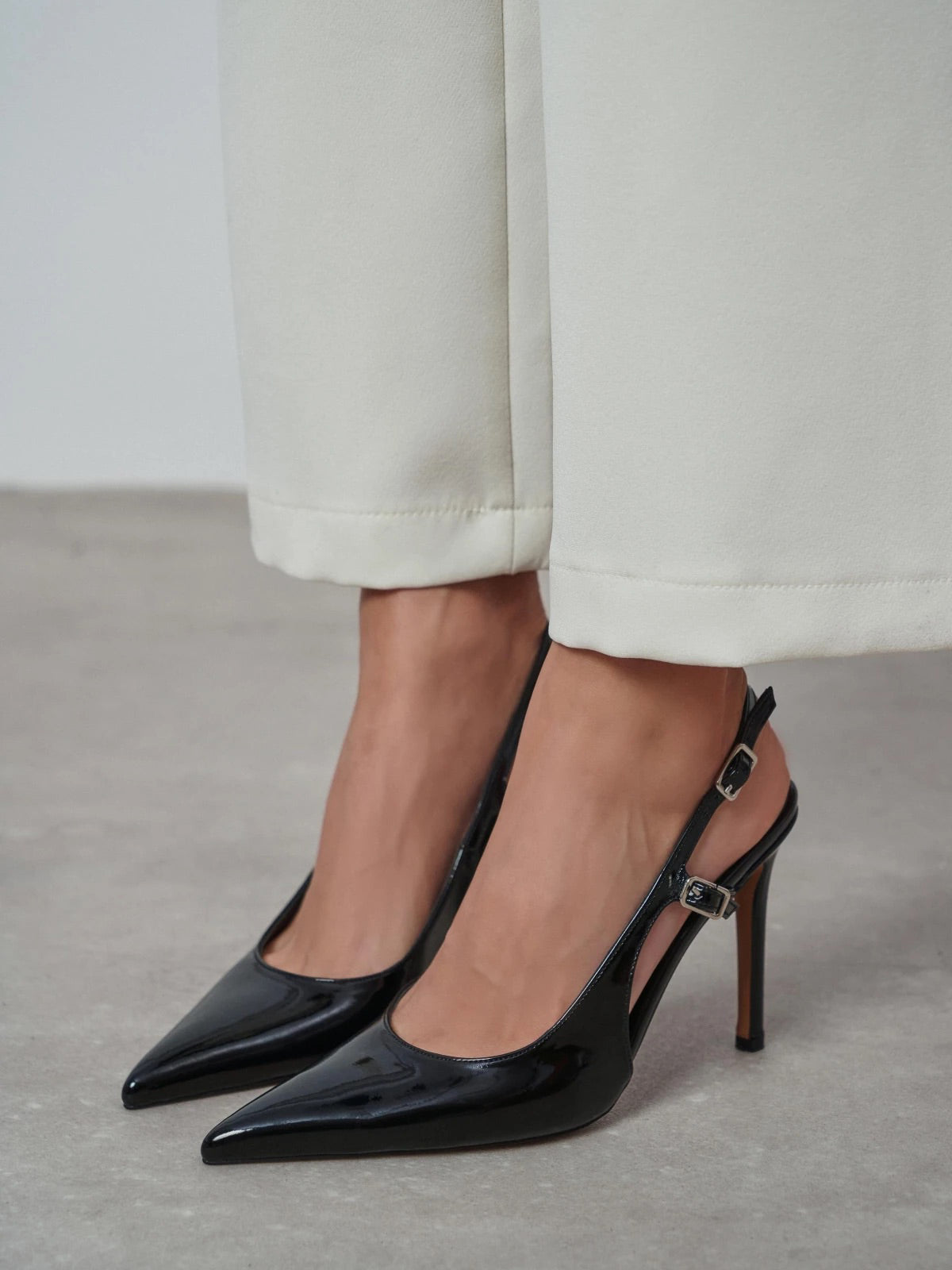 Patent Leather Pointed-Toe Buckle Back Strap Chic High Heels - Black