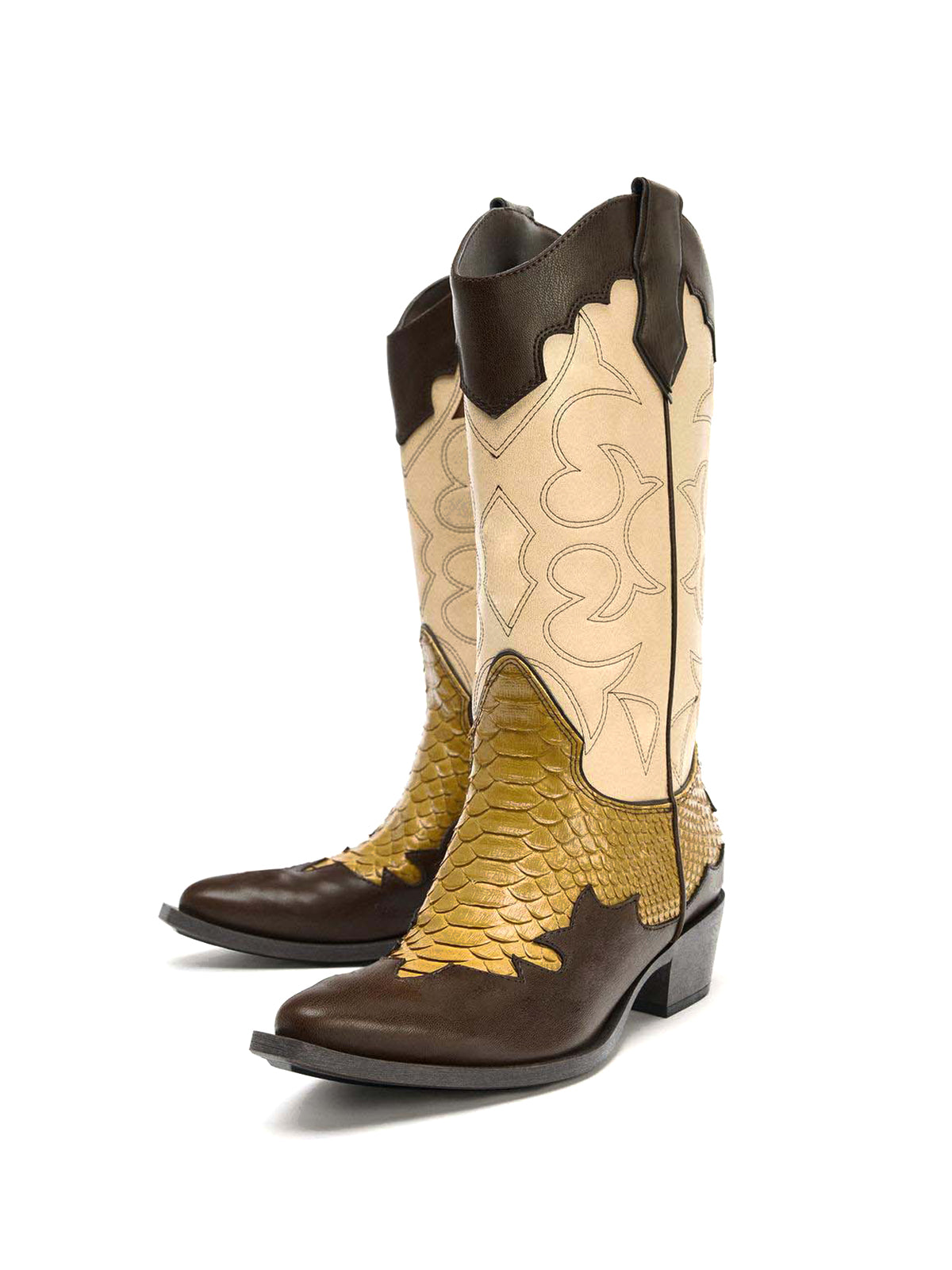 Contrast Tri-Color Almond-Toe Snakeskin Print And Inlay And Stitch Mid Calf Cowgirl Boots