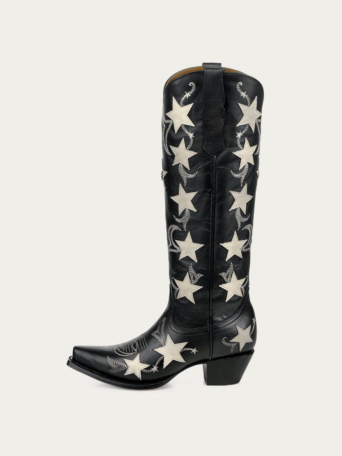 Black Snip-Toe Chic Star Inlay With Embroidery Wide Calf Knee High Cowgirl Boots