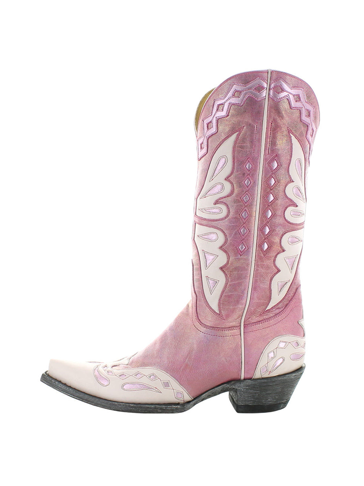 Pink Snip-Toe Butterfly And Silver Inlay Mid Calf Cowgirl Boots