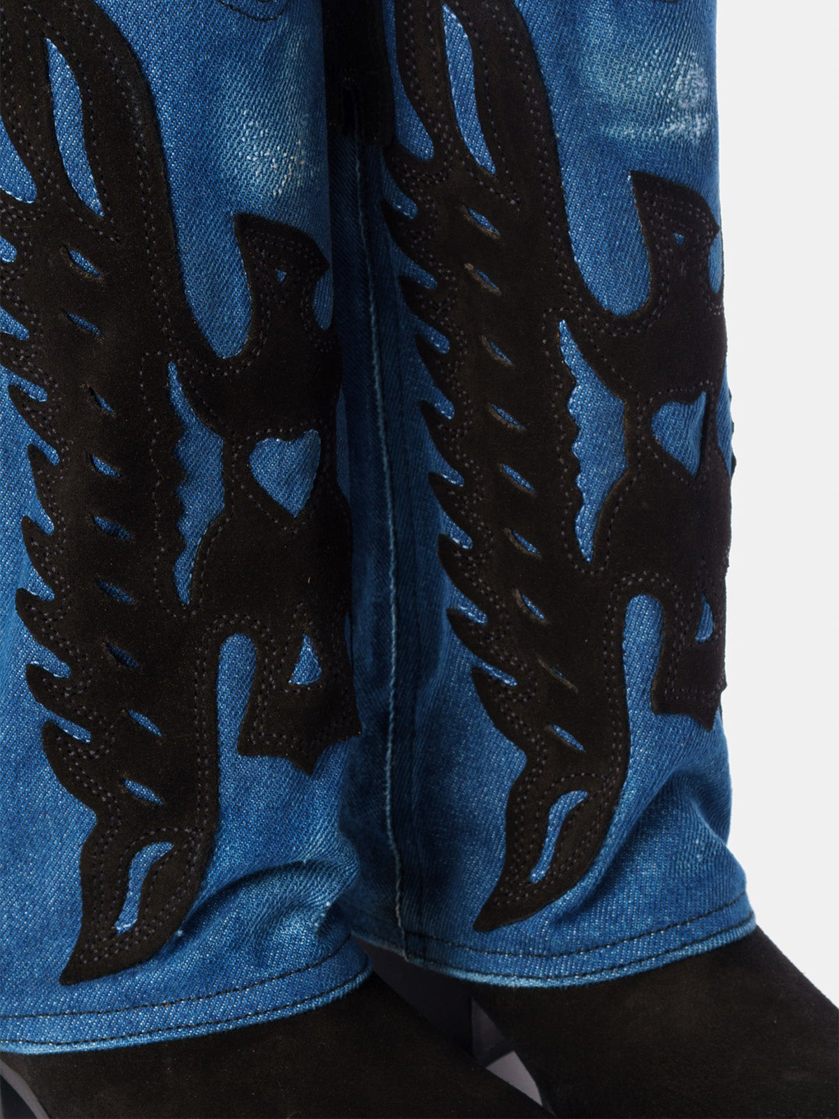 Black Snip-Toe Eagle Applique Blue Denim Fold-Over Mid Calf Cowgirl Boots