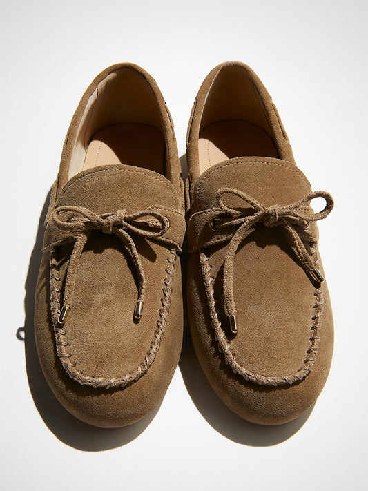 Brown Faux Suede Round-Toe Front Chic Bow Slip-On Flats