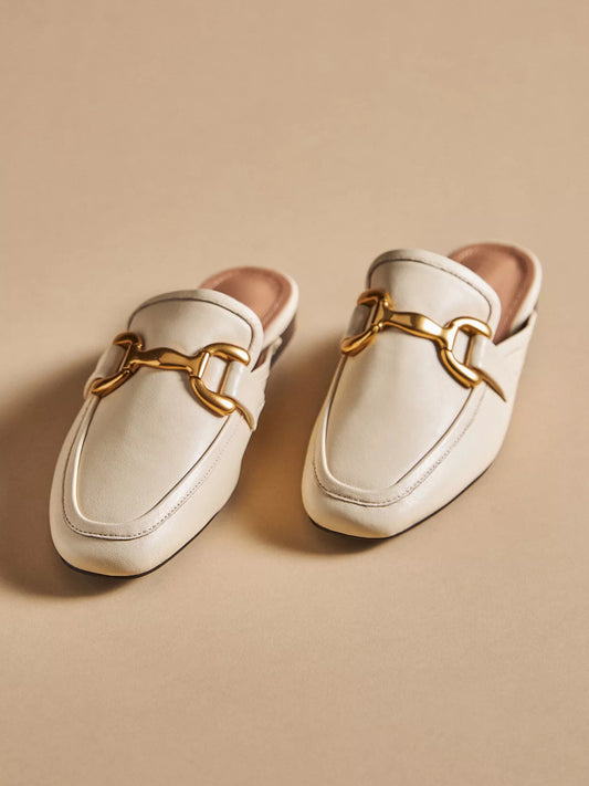 Bone Square-Toe Slip-On Front Metal Detail Flats Loafers