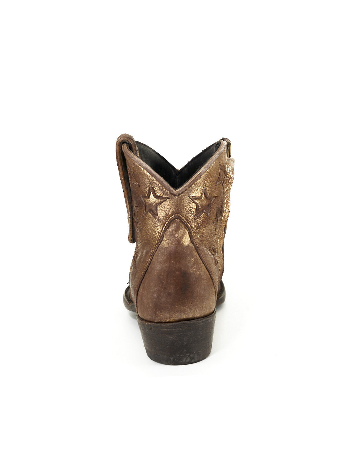 Metallic Bronze Snip-Toe Stars Inlay Full-Zip Ankle Cowgirl Boots
