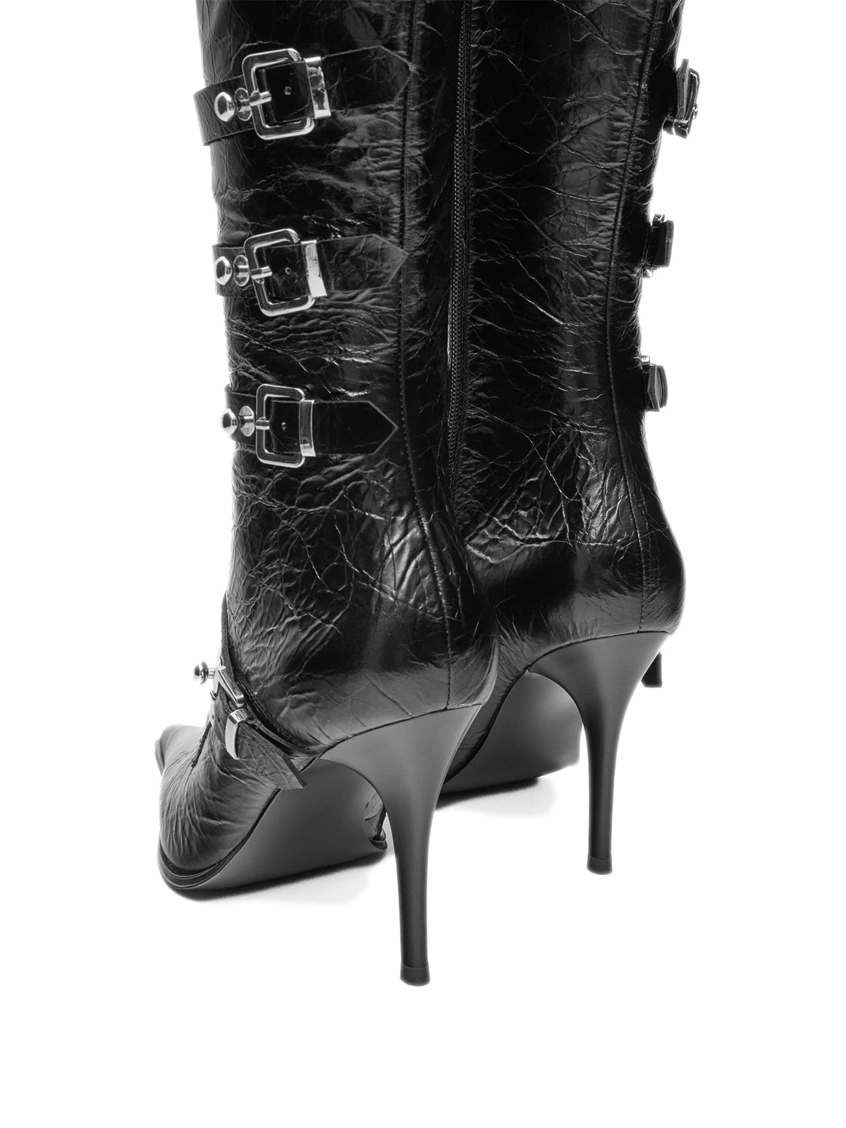 Distressed Black Pointed-Toe Lace-Up Full-Zip Knee High Stiletto Boots With Buckles