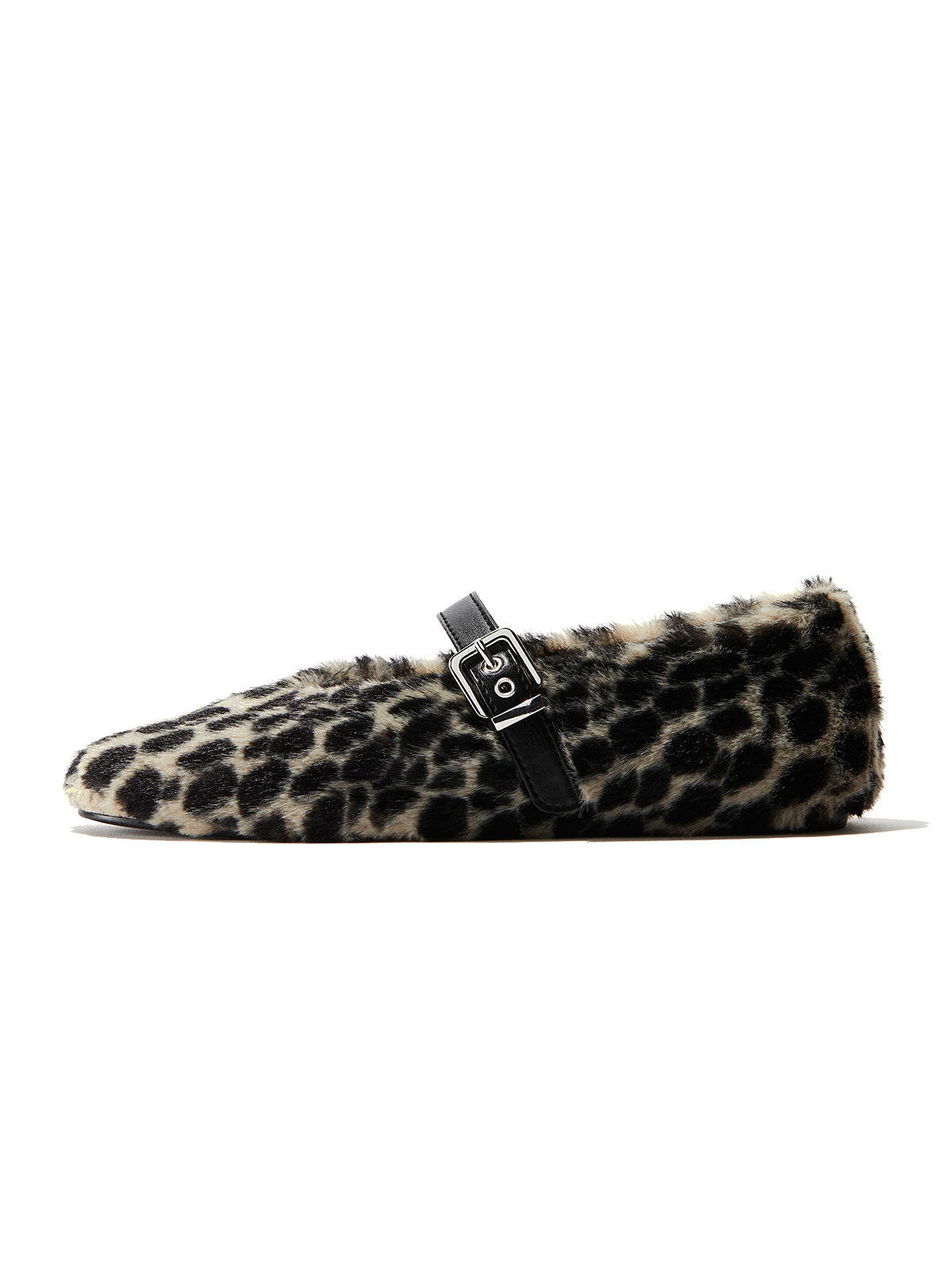 Leopard Pattern Plush Square-Toe Mary Jane Ballet Flats