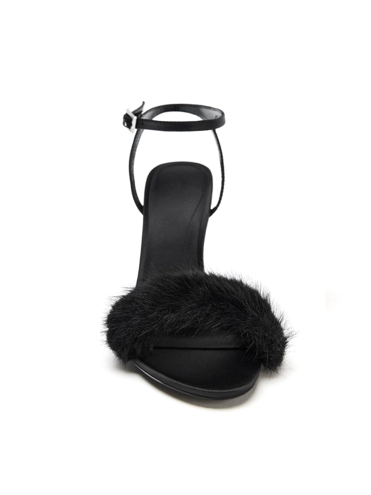 Black Satin Plush Round-Toe Ankle Buckle Strap High Heels