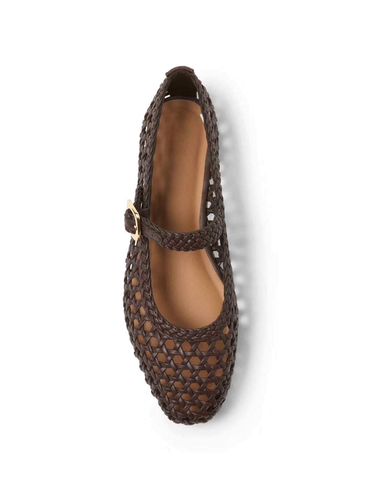 Brown Woven Vegan Leather Square-Toe Buckle Mary Jane Classic Flats