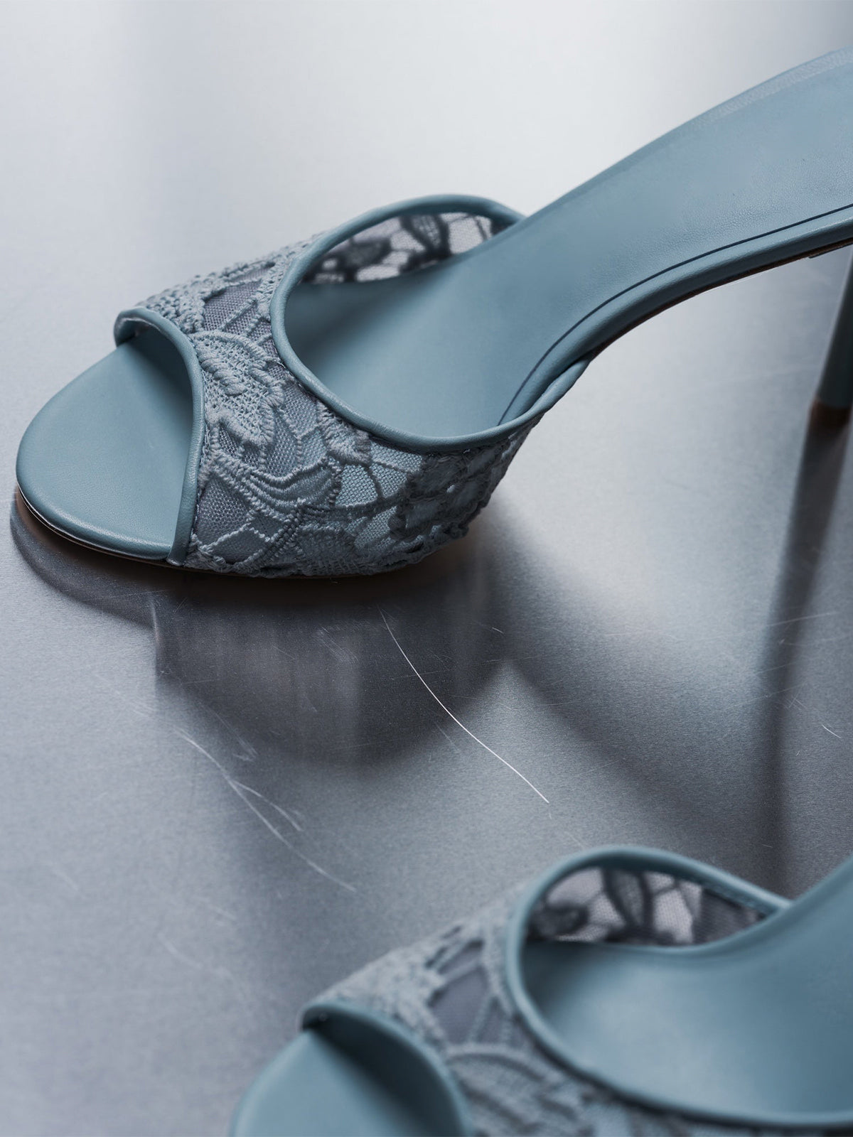 Blue Lace Mesh Round-Toe Slip-On High Heels