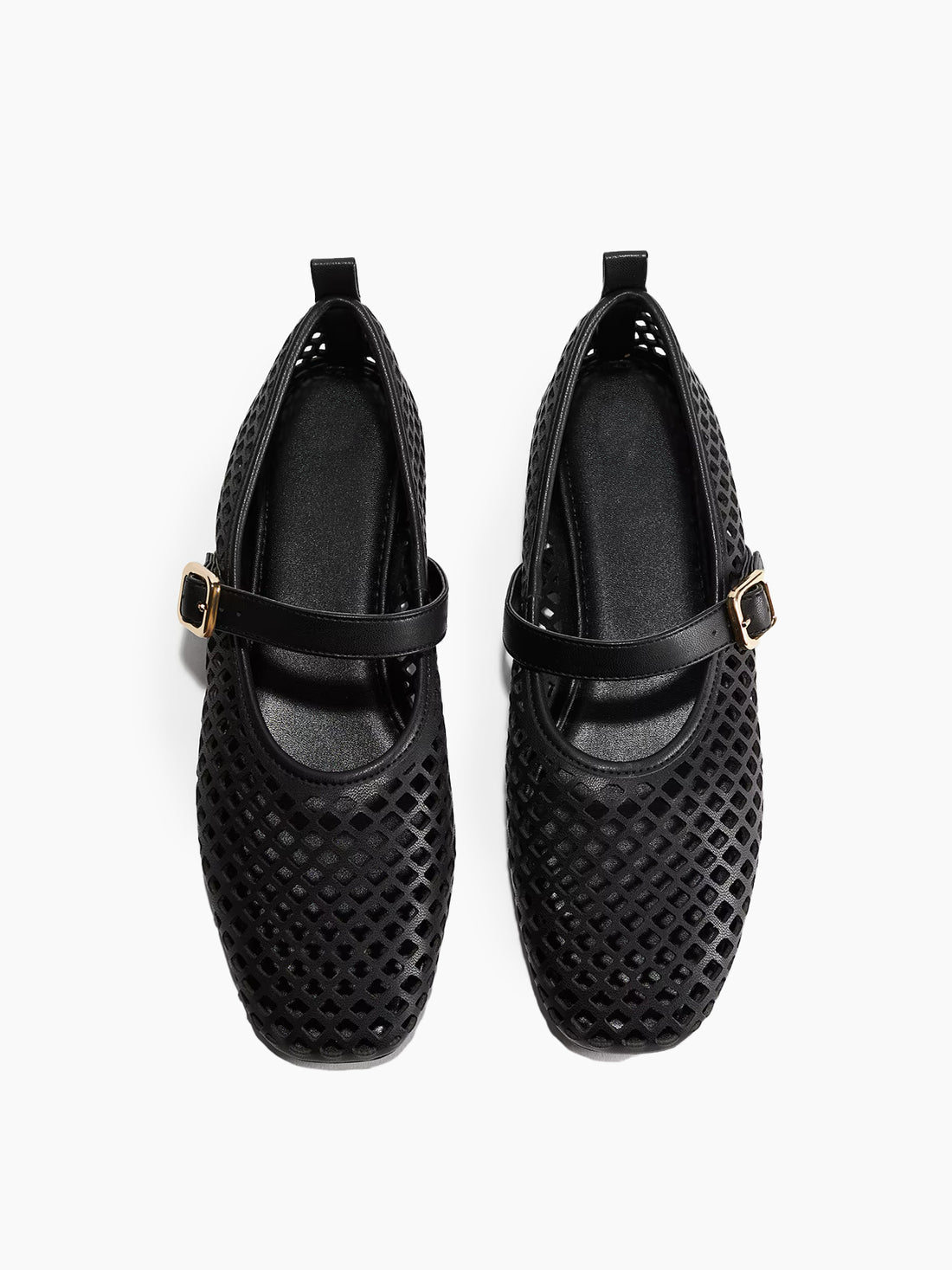Perforated Square-Toe Bridge Strap Mary Jane Ballet Flats - Black ...