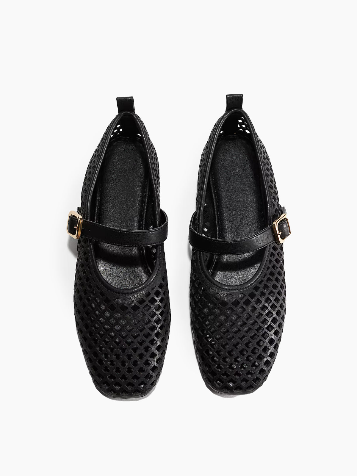 Perforated Square-Toe Bridge Strap Mary Jane Ballet Flats - Black