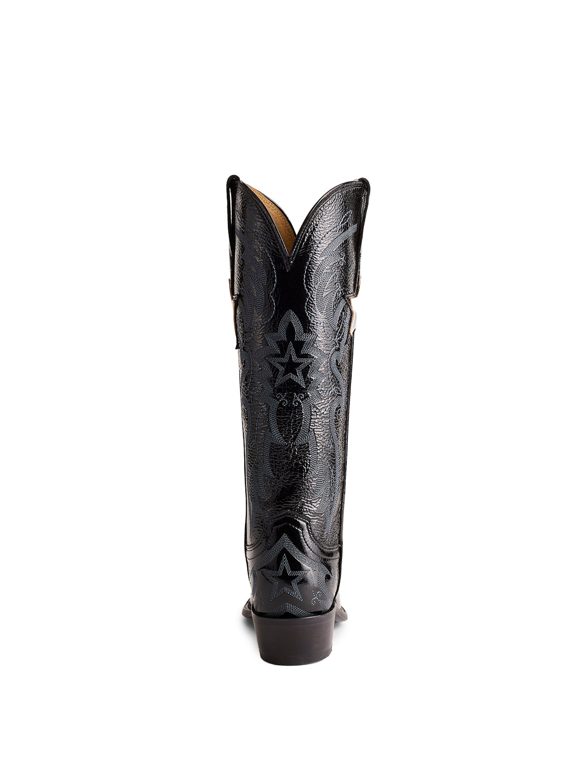 Patent Black Stitch Pointed-Toe Mid Calf Cowgirl Boots With Metallic Star Applique