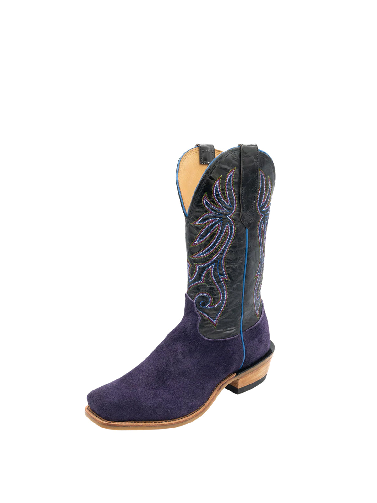 Contrast Black And Purple Square-Toe Classic Embroidery Mid Calf Cowgirl Boots