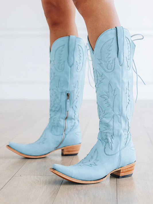 Half-Zip Snip-Toe Embroidery And Inlay Back Lace-Up Knee High Cowgirl Boots - Powder Blue